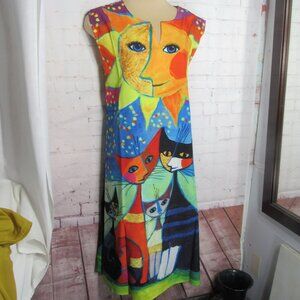 CRAZY CAT LADY DRESS, L FUN COLORFUL NEW PIT TO PIT 19" SOME SPANDEX GIFT QUALIT